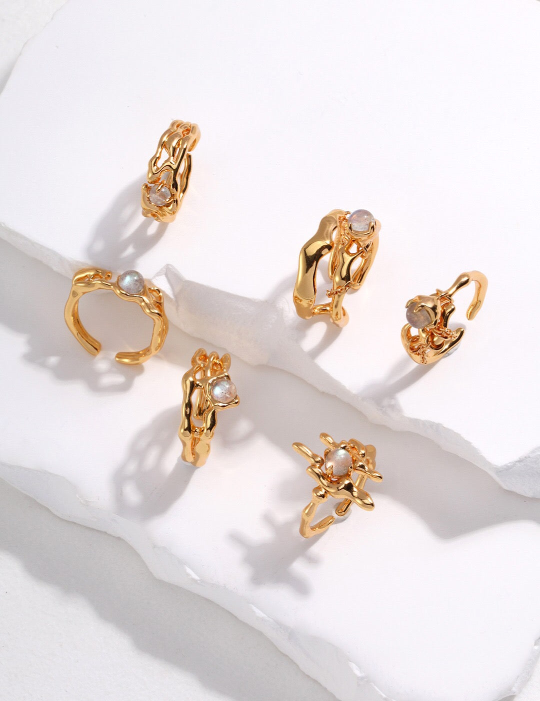 Handmade Grey Moonstone Pendant Ring featuring sterling silver and gold vermeil, adjustable size, and a beautiful 5mm grey moonstone.