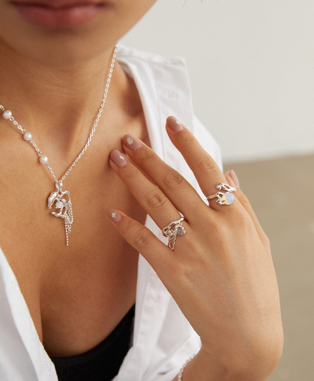 Handmade Grey Moonstone Pendant Ring featuring sterling silver and gold vermeil, adjustable size, and a beautiful 5mm grey moonstone.