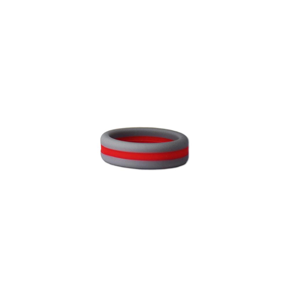 Grey and red striped silicone ring designed for comfort and durability, perfect for sports fans.