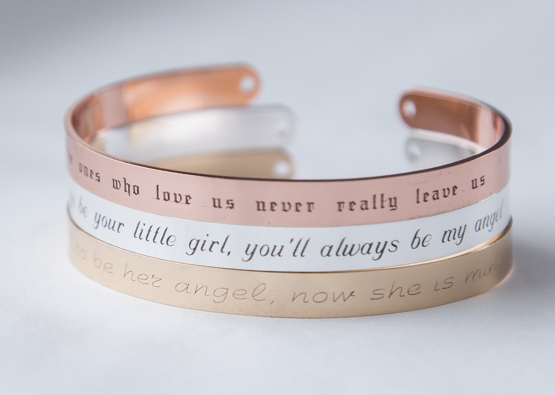 A delicate adjustable bracelet in rose gold, gold, or silver plating, featuring a heartfelt engraved message for memorial remembrance.