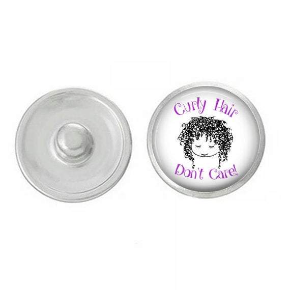 Curly Hair Don't Care Snap, a hand-pressed round snap designed for customizable jewelry, showcasing vibrant colors and playful design.