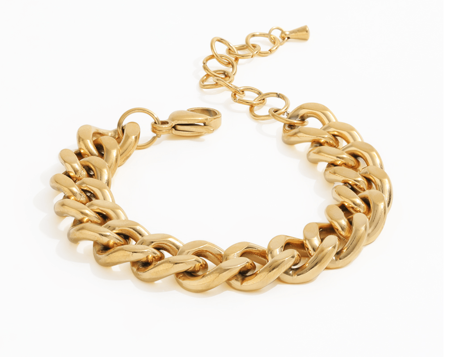 Haja Chunky Cuban Chain Necklace and Bracelet in Gold, showcasing a luxurious stainless steel curb chain design with 18K gold PVD plating.