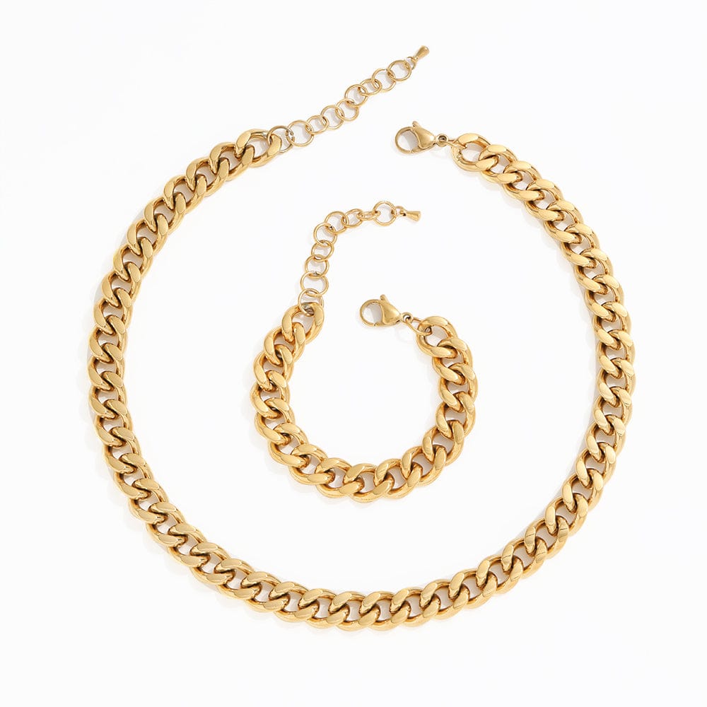 Haja Chunky Cuban Chain Necklace and Bracelet in Gold, showcasing a luxurious stainless steel curb chain design with 18K gold PVD plating.