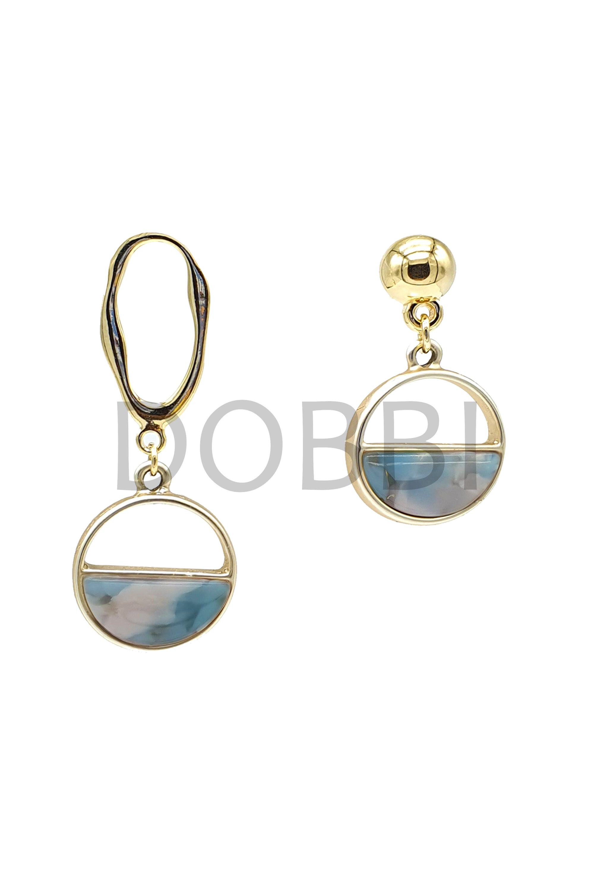 Stylish half moon unbalance drop earrings featuring a unique design in tin and base metal.