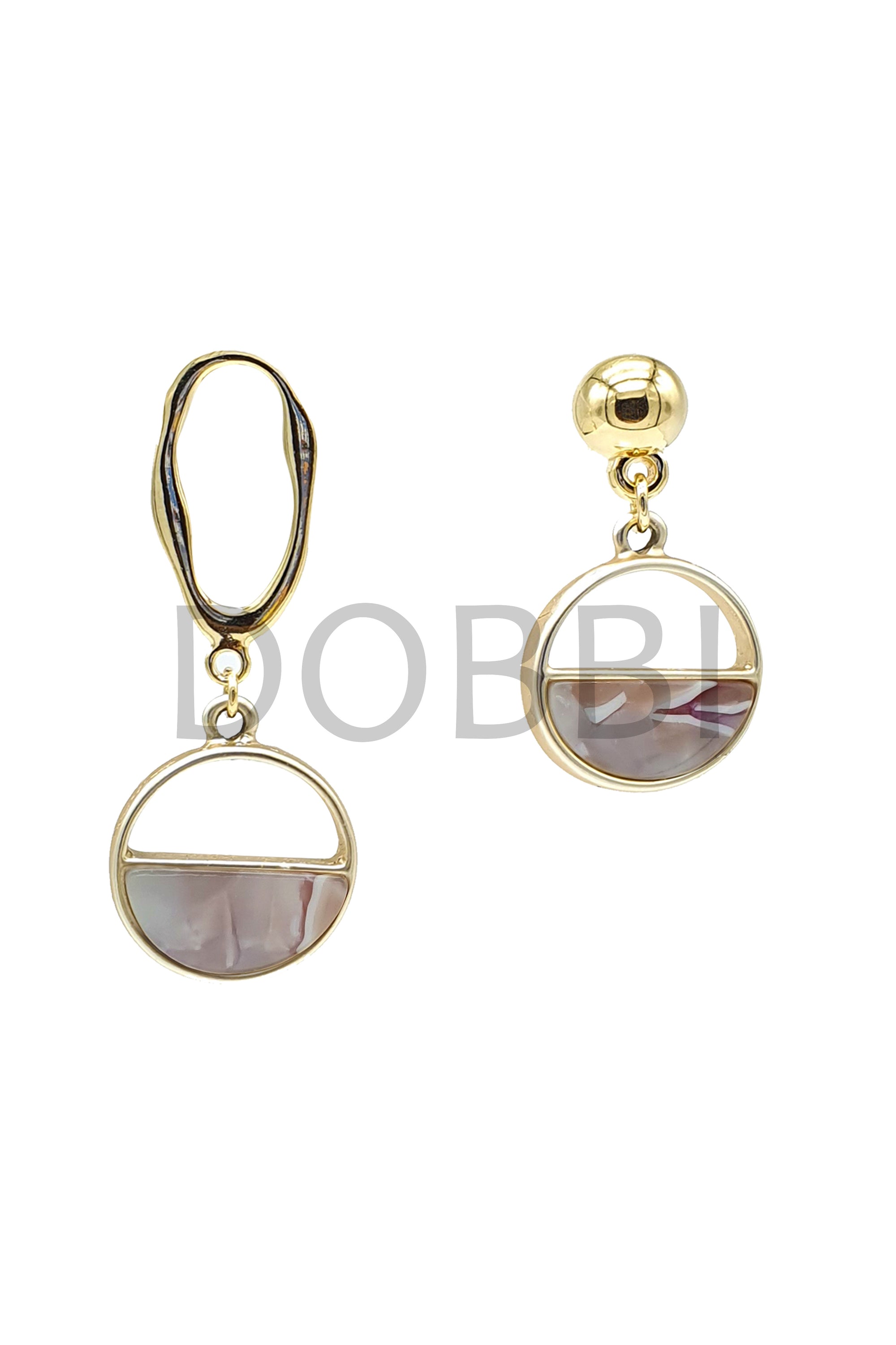 Stylish half moon unbalance drop earrings featuring a unique design in tin and base metal.