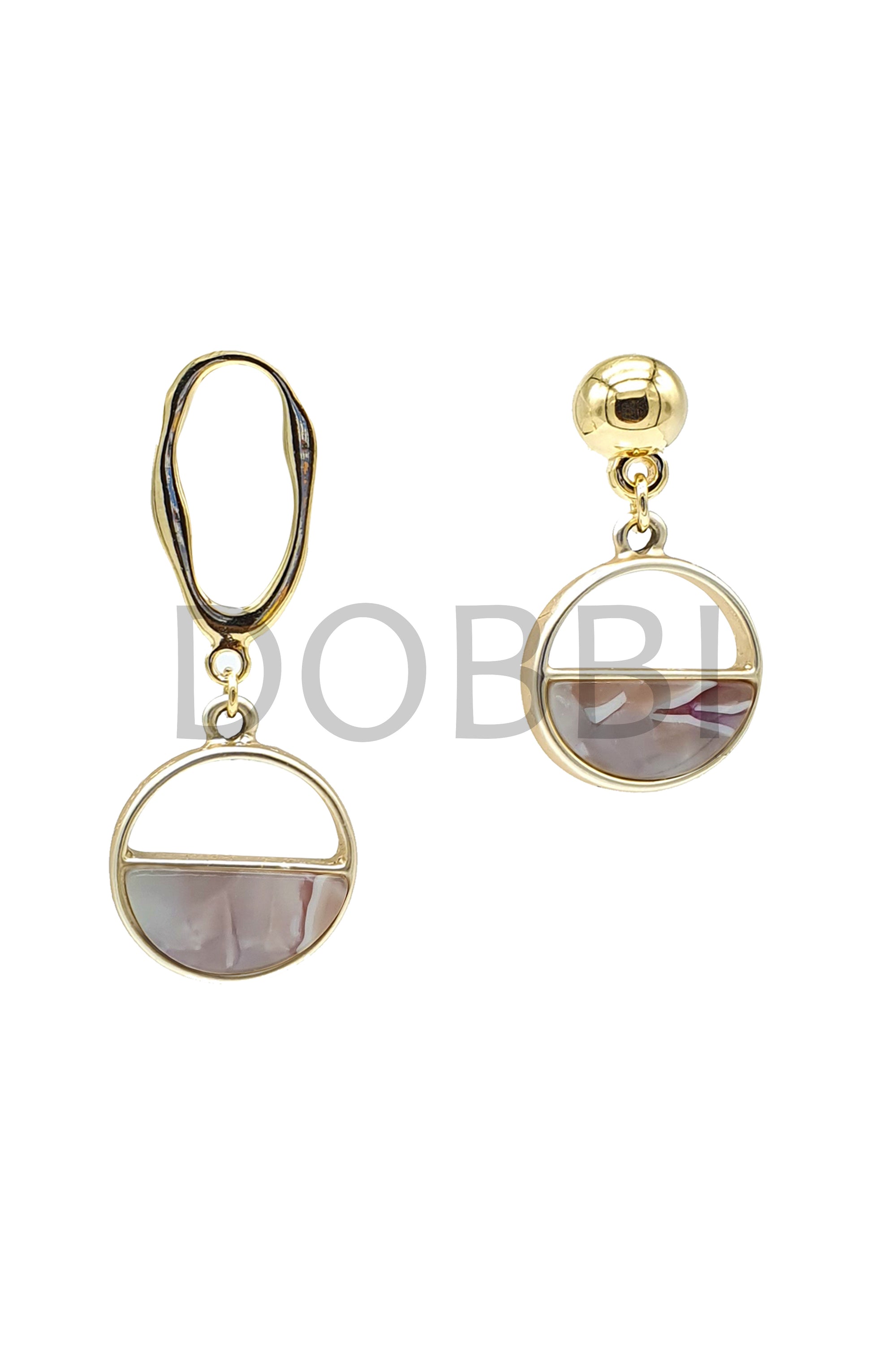 Stylish half moon unbalance drop earrings featuring a unique design in tin and base metal.