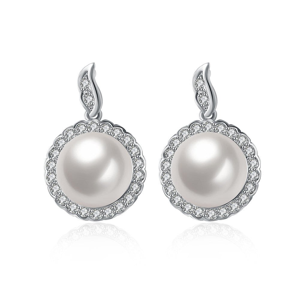 Halo Pave Freshwater Pearl Stud earrings in 18K white gold plating, featuring a classic design with a luxurious finish.