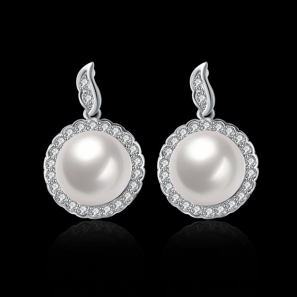 Halo Pave Freshwater Pearl Stud earrings in 18K white gold plating, featuring a classic design with a luxurious finish.