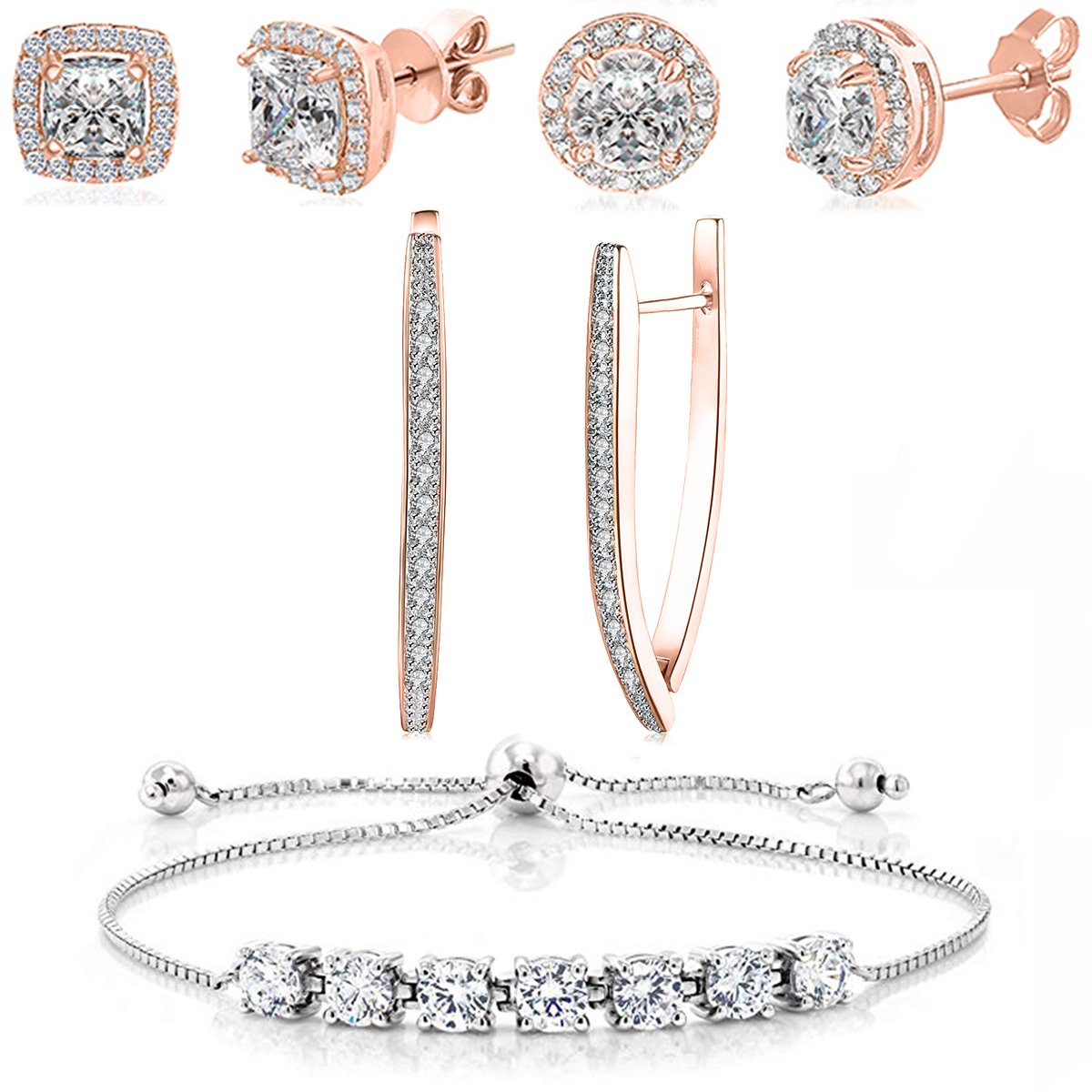 Elegant Halo Stud Earring set with Adjustable Tennis Bracelet, featuring 18K rose gold plating and sparkling Austrian crystals, displayed in a luxe gift box.