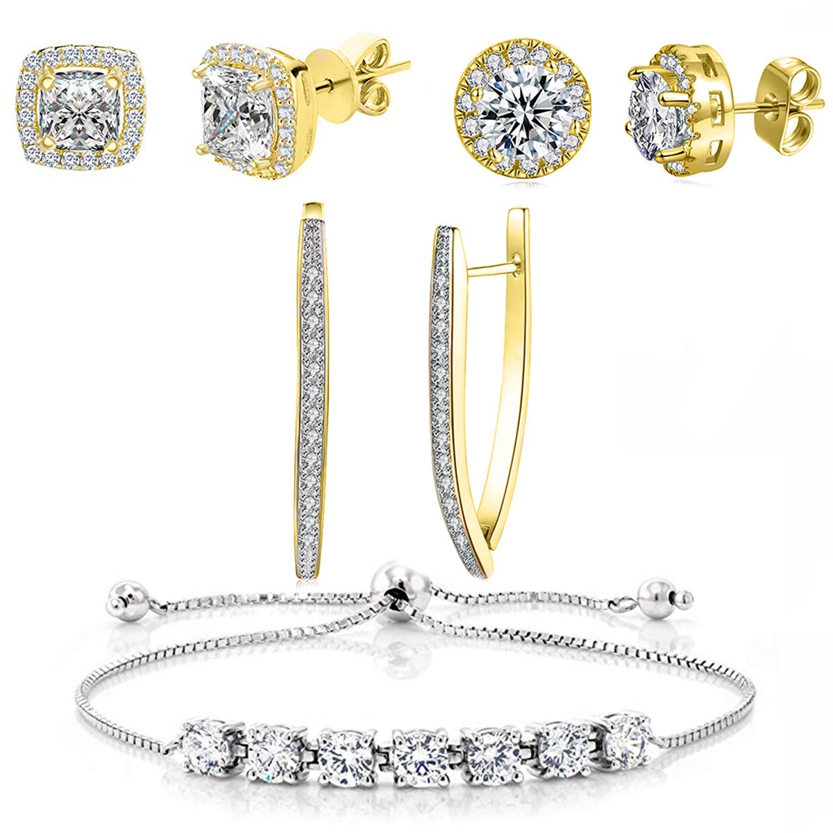 Elegant Halo Stud Earring and Adjustable Tennis Bracelet set, featuring Austrian crystals and 18K gold plating, displayed in a luxurious gift box.