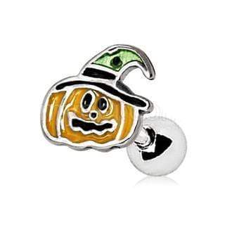A colorful Halloween Pumpkin Cartilage Earring featuring a pumpkin with a green witch hat, hand-painted in yellow, green, and black enamel.