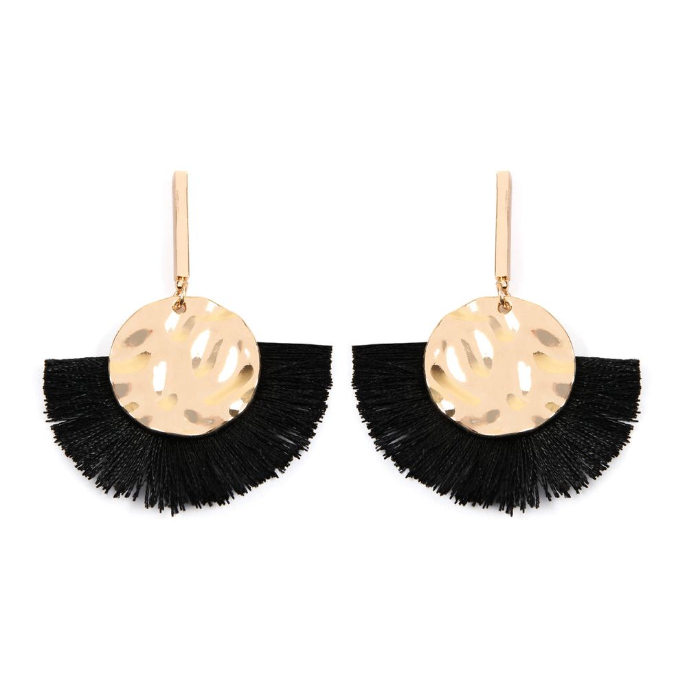 A pair of Hammered Disc Drop Fan Tassel Dangle Earrings featuring vibrant tassels and a stylish hammered disc design.