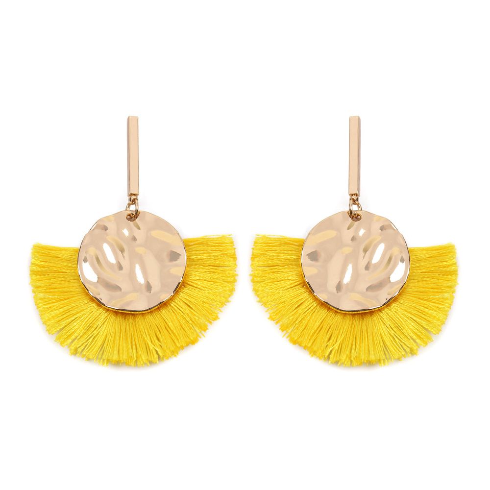 A pair of Hammered Disc Drop Fan Tassel Dangle Earrings featuring vibrant tassels and a stylish hammered disc design.