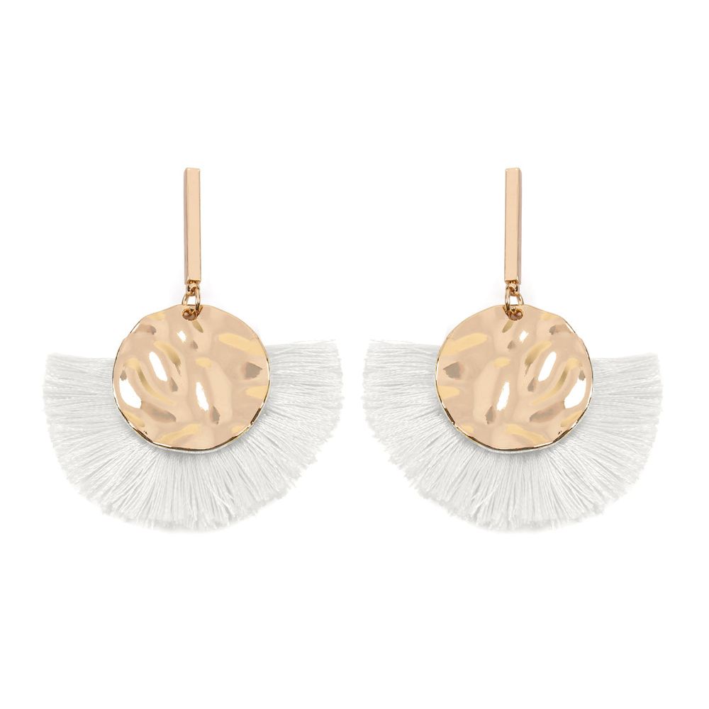 A pair of Hammered Disc Drop Fan Tassel Dangle Earrings featuring vibrant tassels and a stylish hammered disc design.
