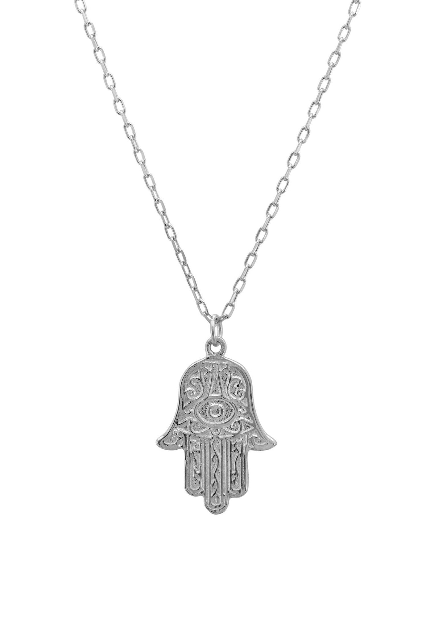 Hamsa Evil Eye Embossed Pendant Necklace in silver, featuring an embossed Hamsa hand and evil eye design on a delicate chain.