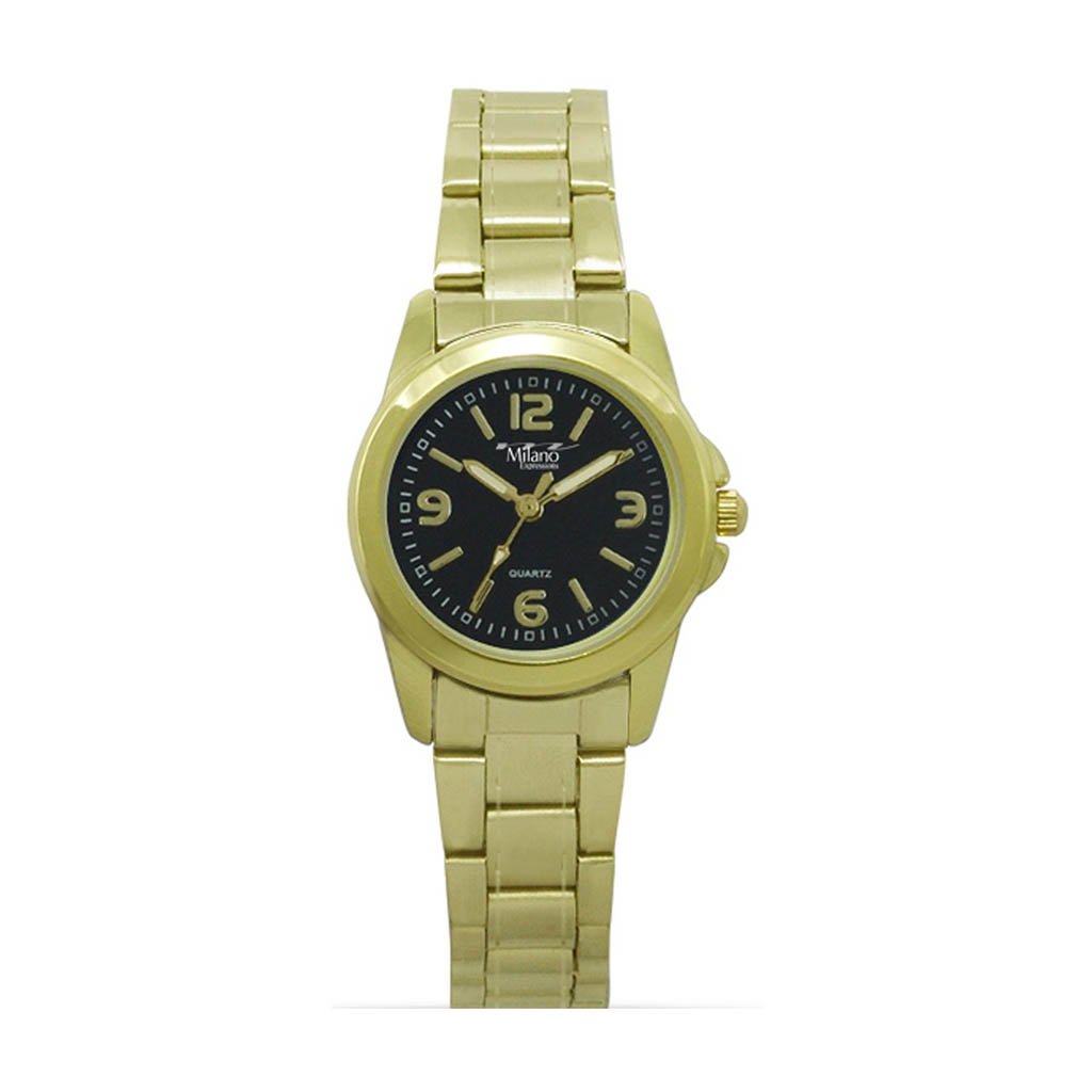 Hanalei Milano Expressions Gold Metal Band Watch featuring a gold case and black dial, showcasing elegance and style.