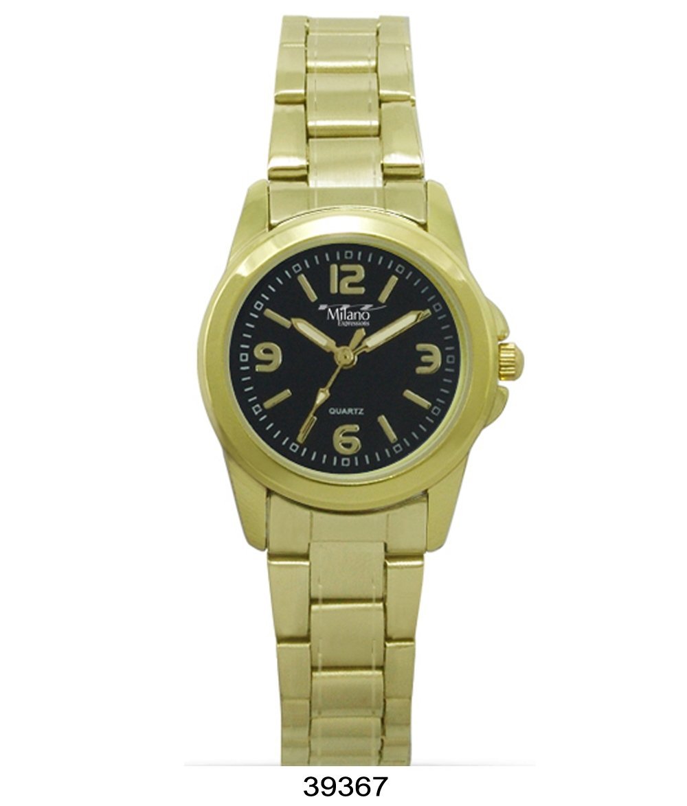 Hanalei Milano Expressions Gold Metal Band Watch featuring a gold case and black dial, showcasing elegance and style.