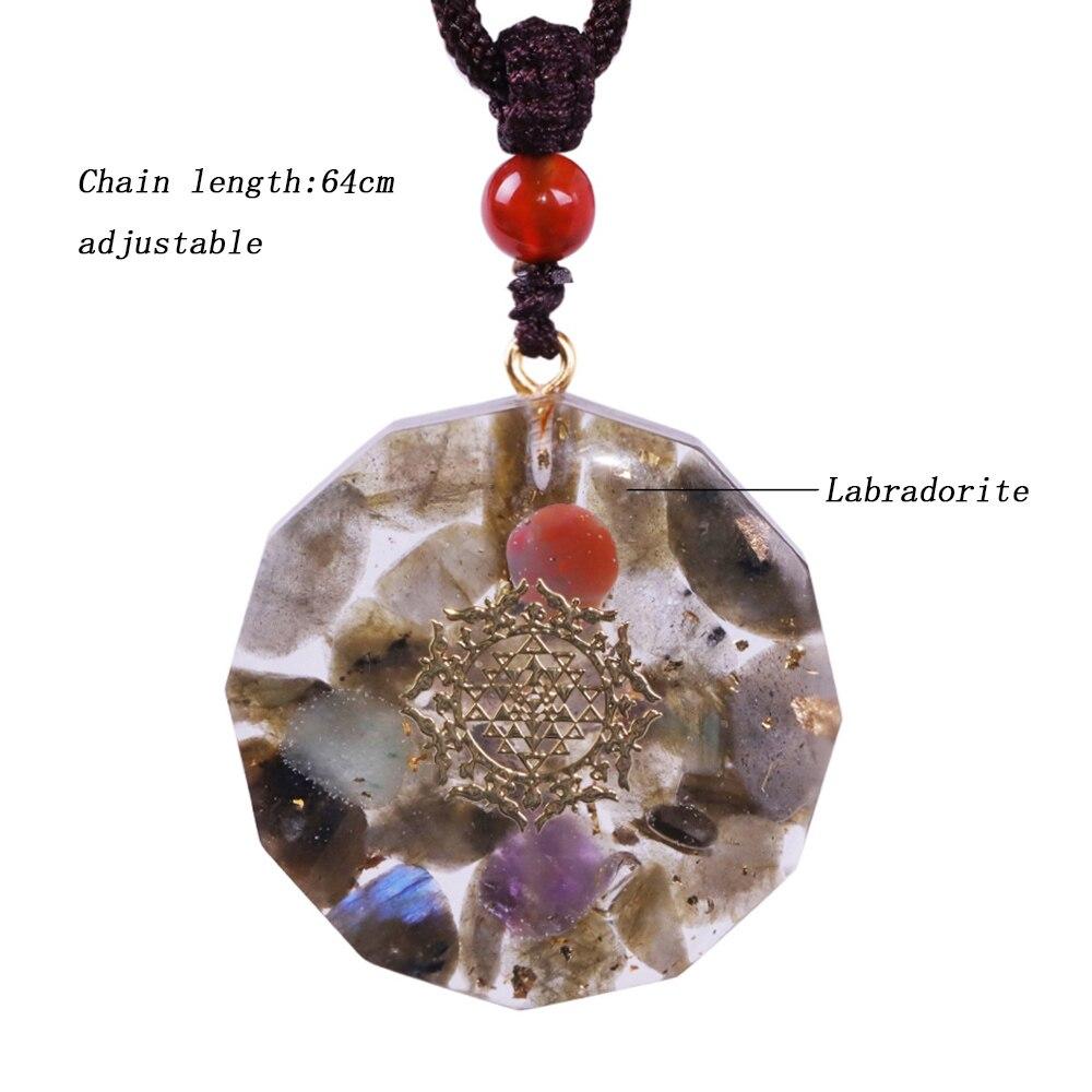 Handmade Orgone Pendant featuring Labradorite, amethyst, and green aventurine in a geometric design, perfect for EMF protection and Reiki healing.