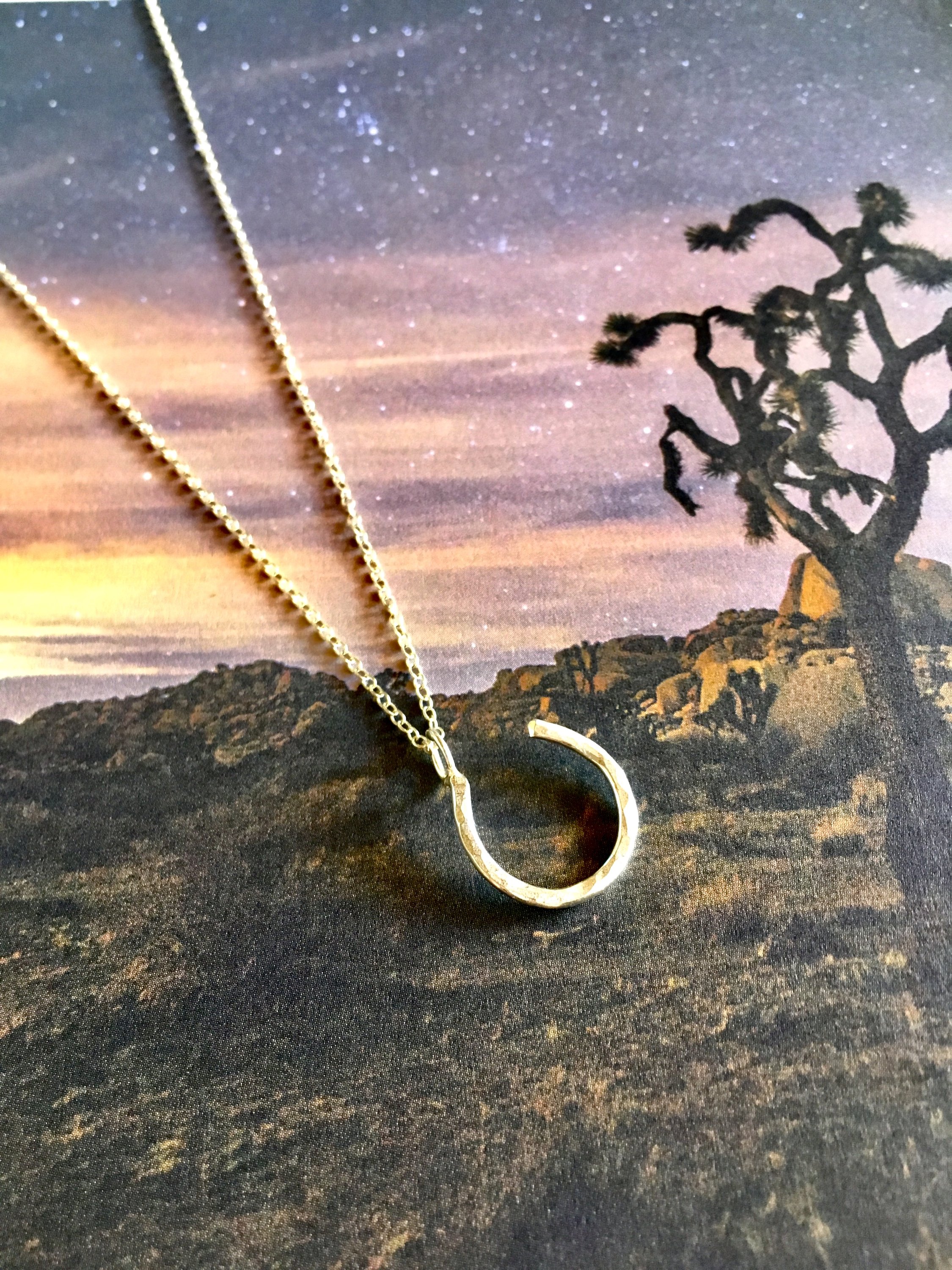 A delicate Hanging Lucky Horseshoe Charm Necklace featuring a hammered horseshoe pendant in sterling silver, yellow gold fill, or rose gold fill.
