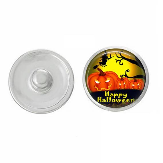 Happy Halloween Pumpkins Snap, a hand-pressed 7/8” round snap featuring vibrant pumpkin designs, perfect for Halloween-themed jewelry.