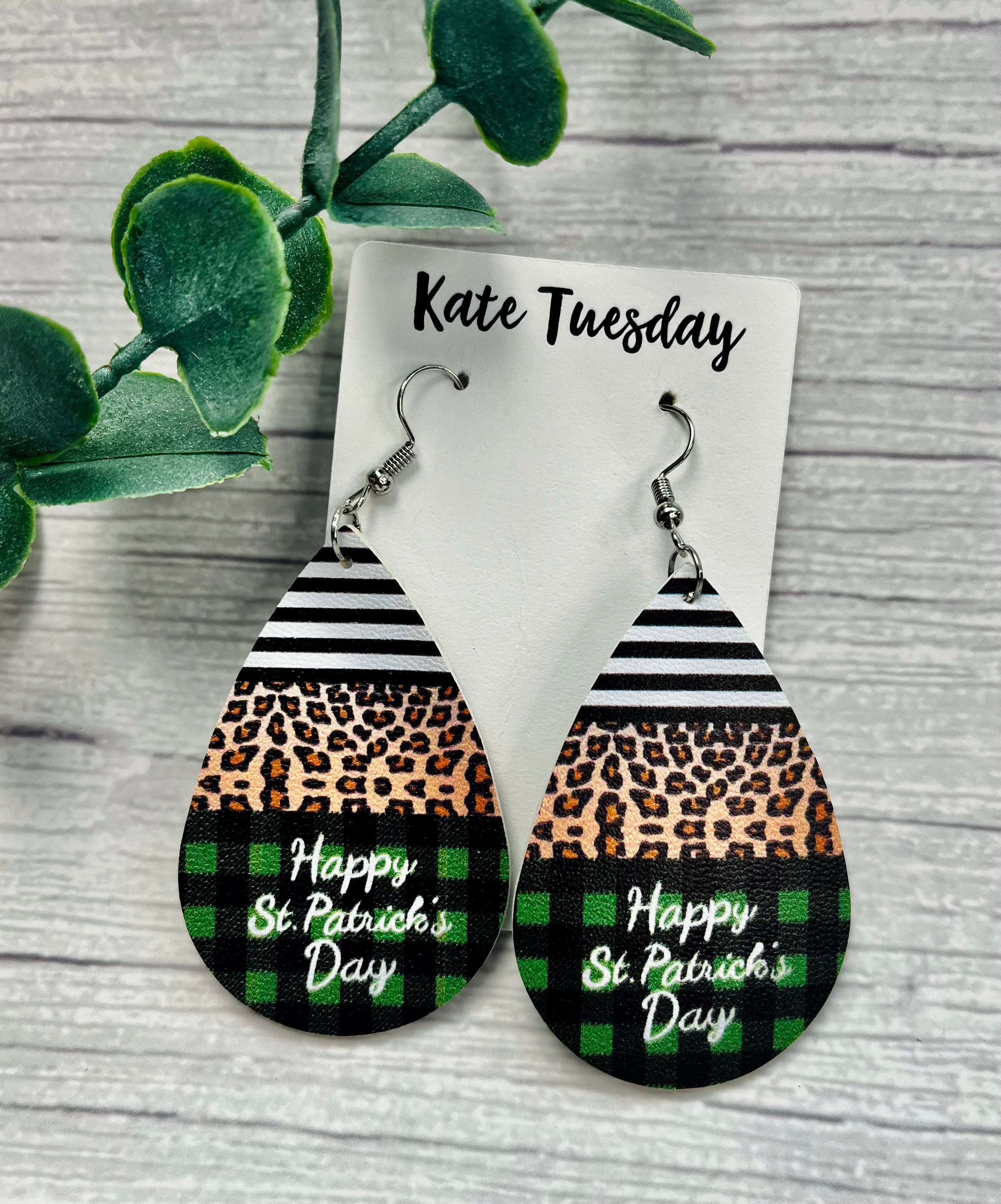 Happy St. Patrick's Day Cheetah Stripe Leather Hanging Earrings with a vibrant cheetah pattern and lightweight design.