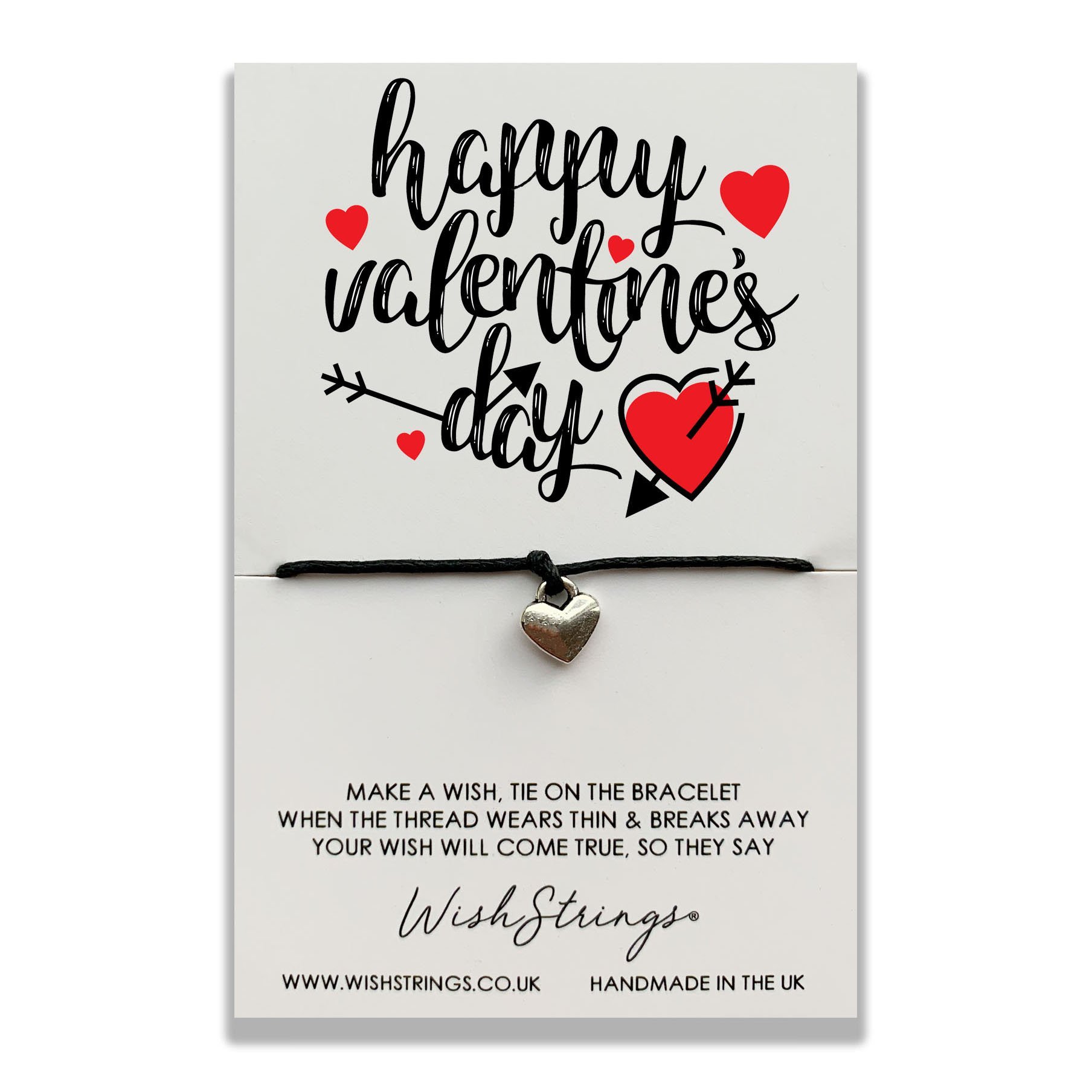 Happy Valentine's Day WishStrings bracelet with Tibetan Silver charm on a luxury display card.