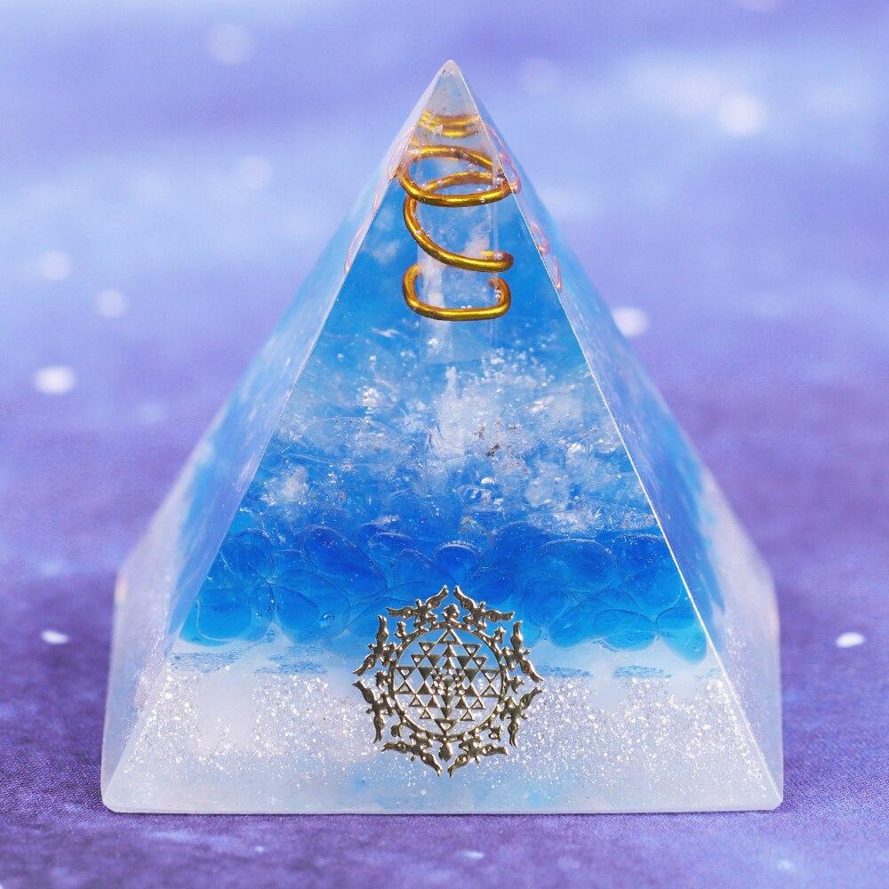 Healing Crystal Copper Wire Orgone Pyramid featuring blue quartz, handcrafted with natural stones and copper wire, ideal for meditation and home decor.