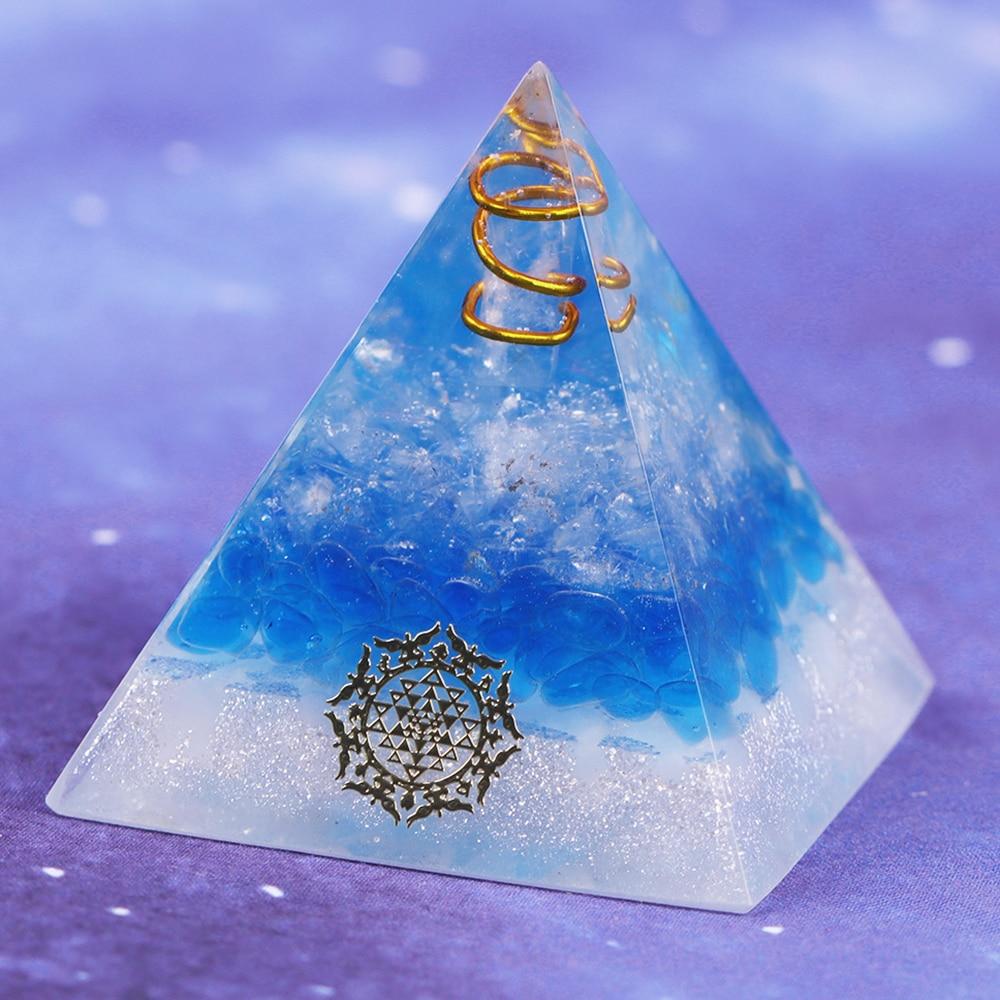 Healing Crystal Copper Wire Orgone Pyramid featuring blue quartz, handcrafted with natural stones and copper wire, ideal for meditation and home decor.