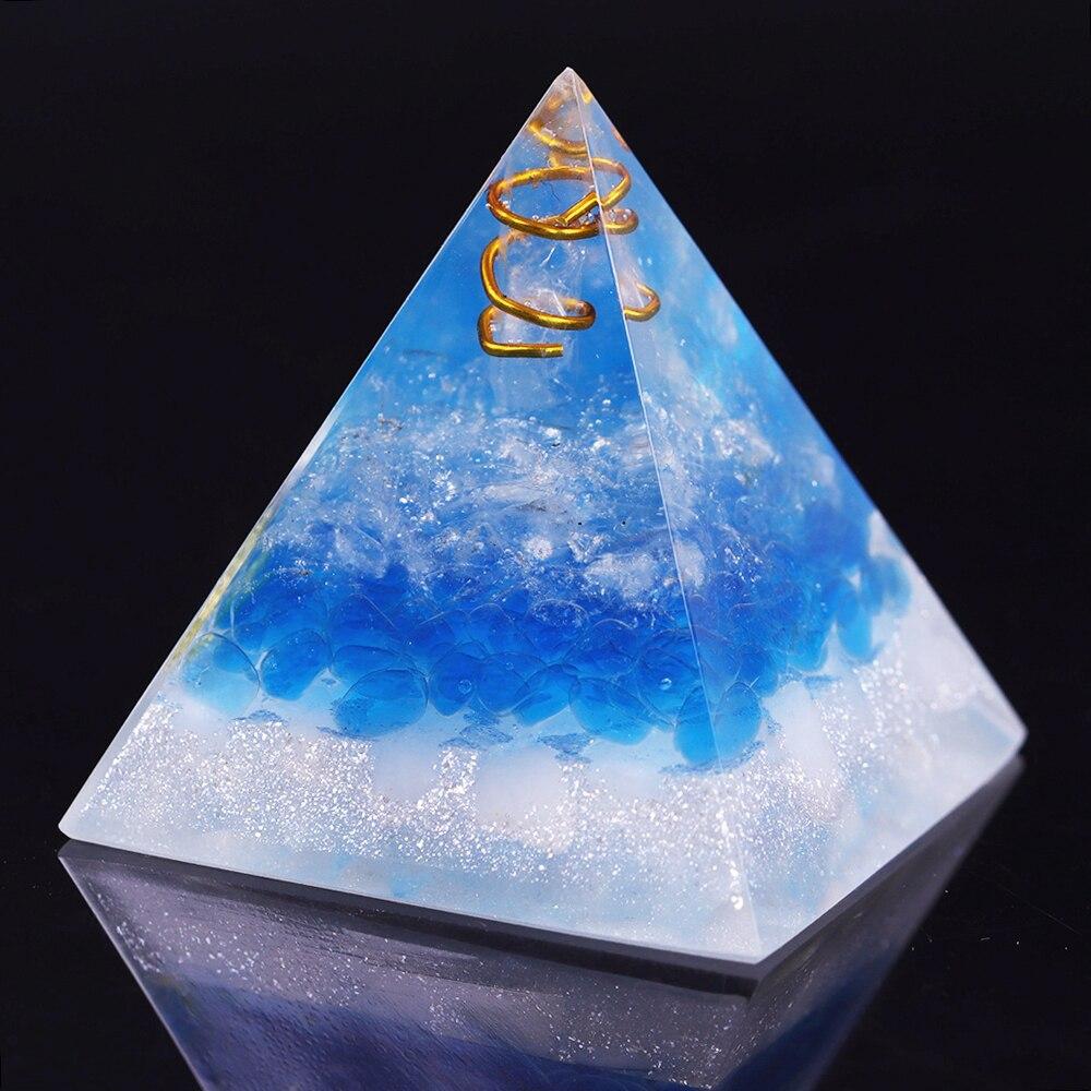 Healing Crystal Copper Wire Orgone Pyramid featuring blue quartz, handcrafted with natural stones and copper wire, ideal for meditation and home decor.