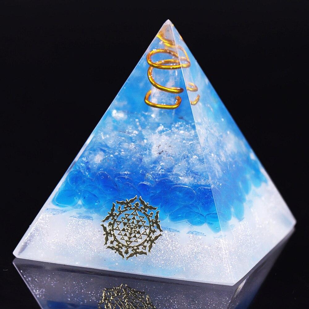 Healing Crystal Copper Wire Orgone Pyramid featuring blue quartz, handcrafted with natural stones and copper wire, ideal for meditation and home decor.