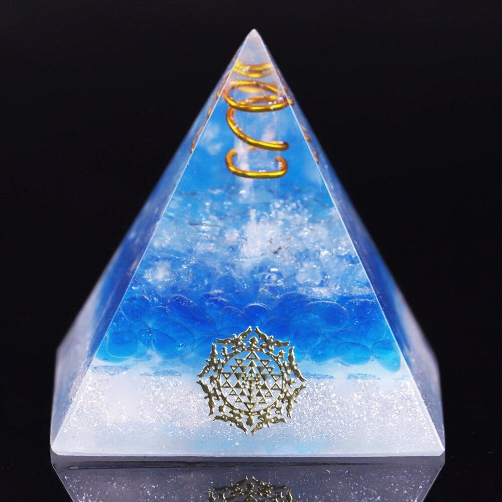 Healing Crystal Copper Wire Orgone Pyramid featuring blue quartz, handcrafted with natural stones and copper wire, ideal for meditation and home decor.