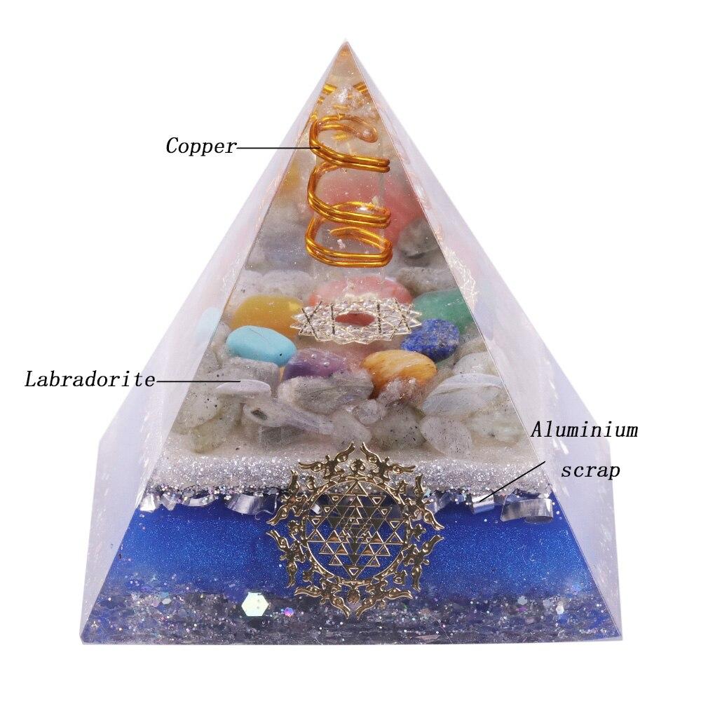 A handcrafted Healing Orgonite Pyramid made from natural stones, featuring a blend of crystal copper, labradorite, and resin, designed for energy generation and healing.