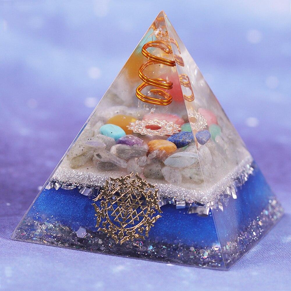A handcrafted Healing Orgonite Pyramid made from natural stones, featuring a blend of crystal copper, labradorite, and resin, designed for energy generation and healing.