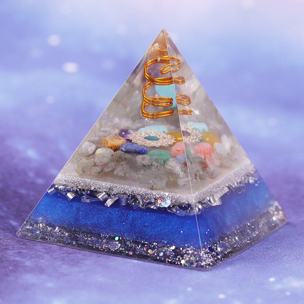 A handcrafted Healing Orgonite Pyramid made from natural stones, featuring a blend of crystal copper, labradorite, and resin, designed for energy generation and healing.