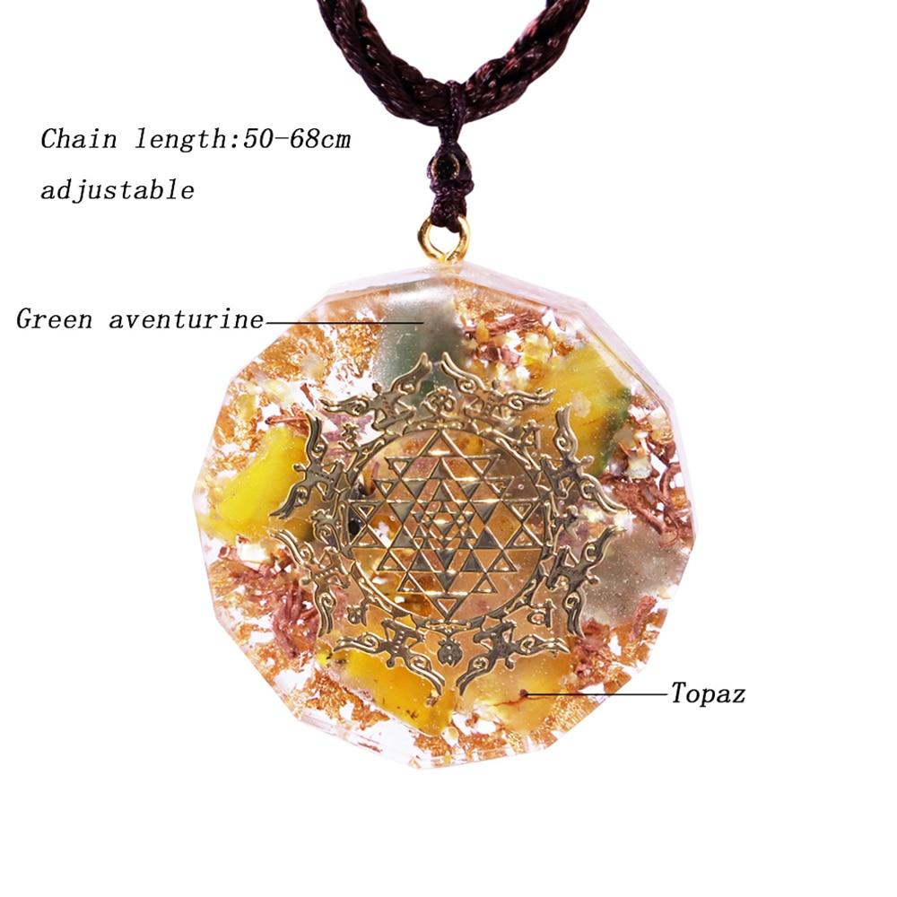 Healing Stones Orgone necklace featuring geometric pendant with topaz, green aventurine, and copper elements for EMF protection.