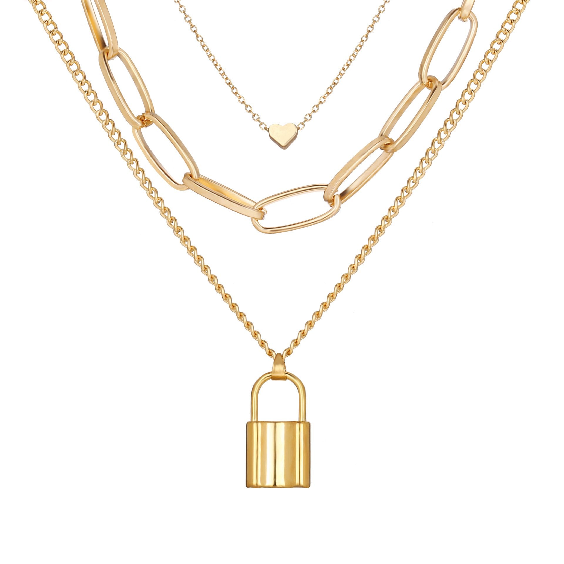 Elegant Heart Chain Lock Necklace in 18K gold plating, featuring a link chain design and lobster clasp closure.