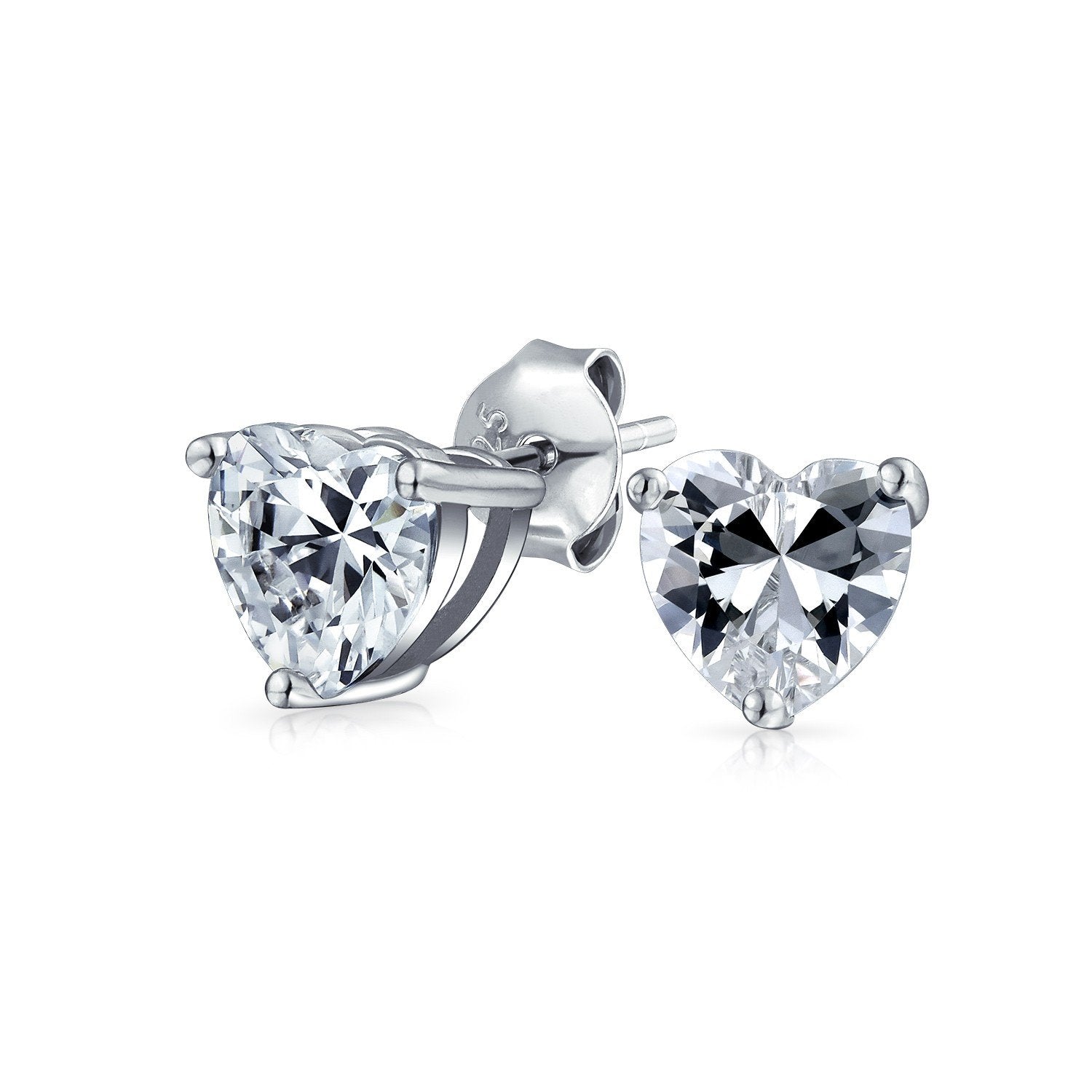 A pair of heart-shaped stud earrings made with elements in sterling silver plated, showcasing their sparkling design and secure prong setting.