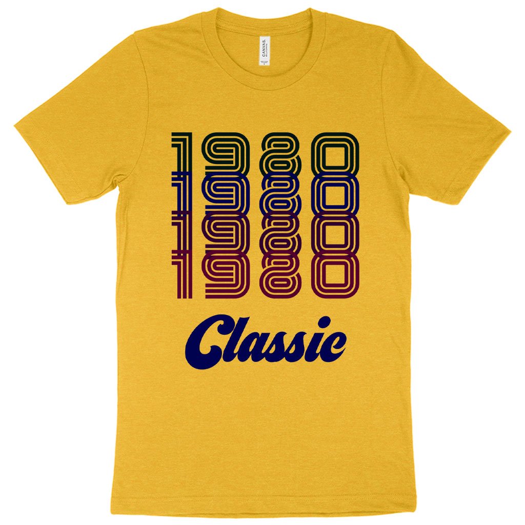 Heather 1980 Classic T-Shirt in soft fabric, showcasing a classic 80s style with a crew neck and tapered shoulders.