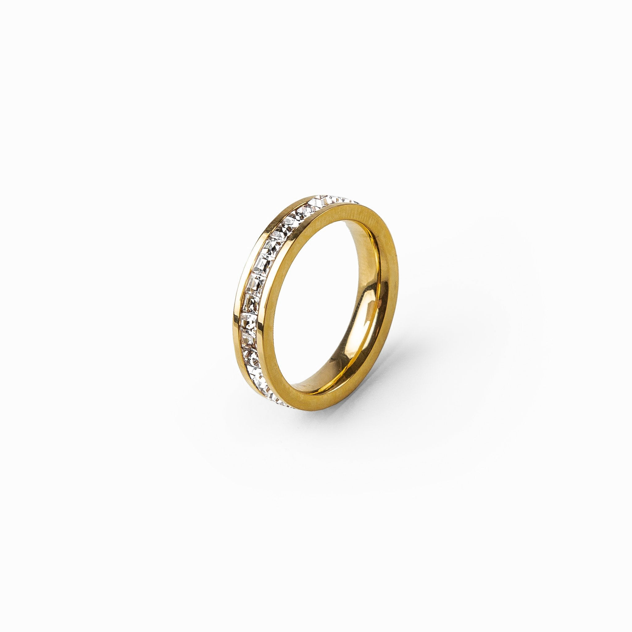 Monaco CZ Iced Ring in Gold, featuring premium stainless steel and sparkling CZ stones, showcasing its elegant design.