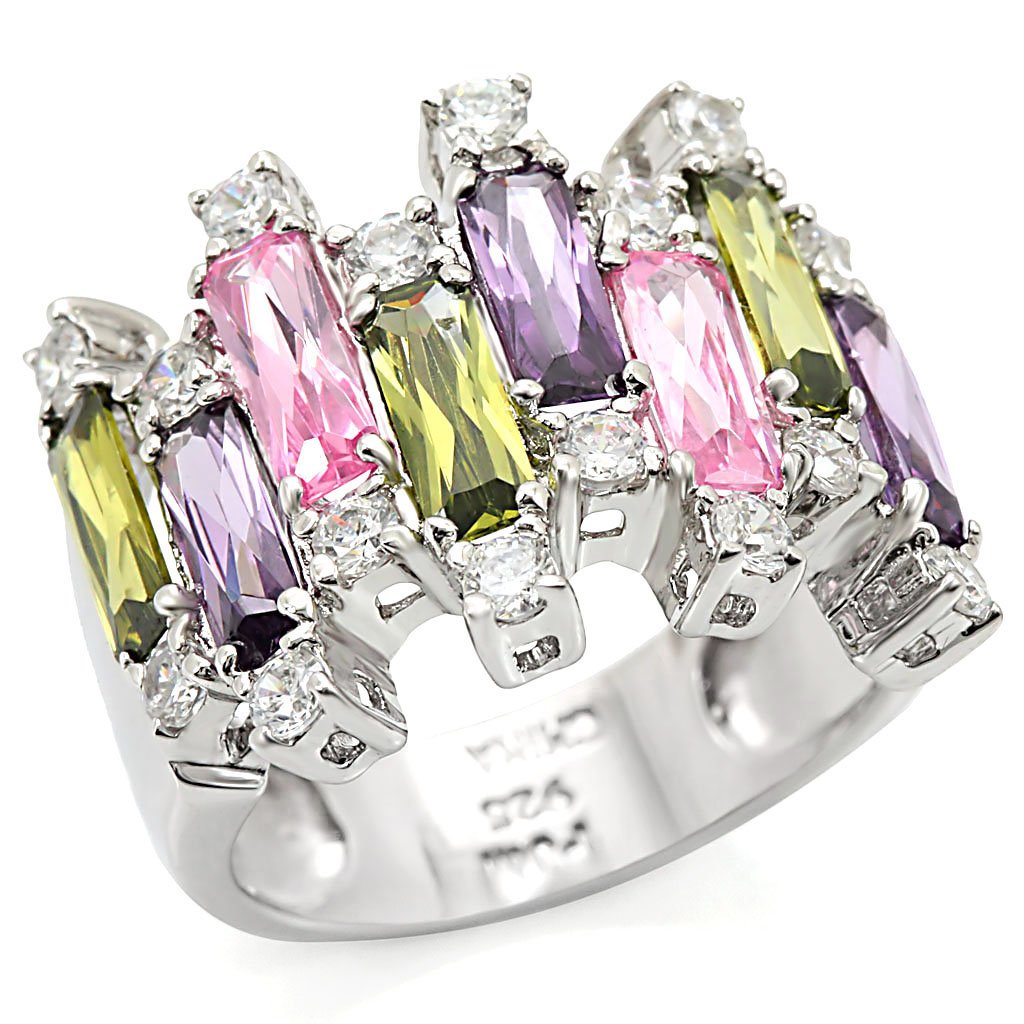 Heba Cocktail Ring featuring rhodium 925 sterling silver with multi-color AAA CZ stones, showcasing an elegant and vibrant design.