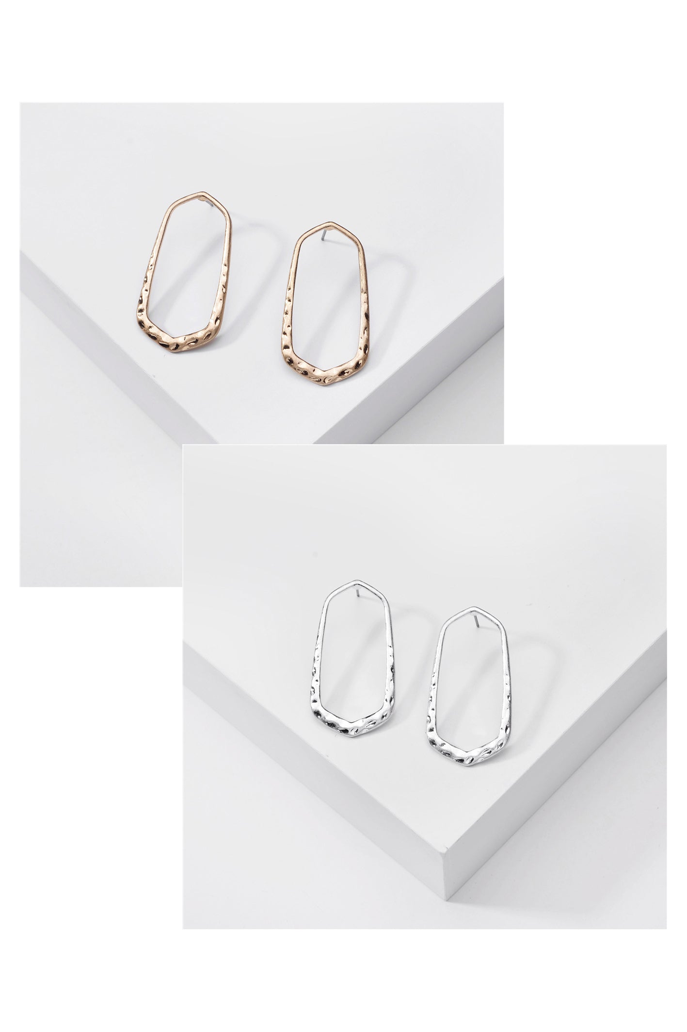 Stylish hexagon hammered metal post hoop earrings in various colors, showcasing their unique design and elegant finish.