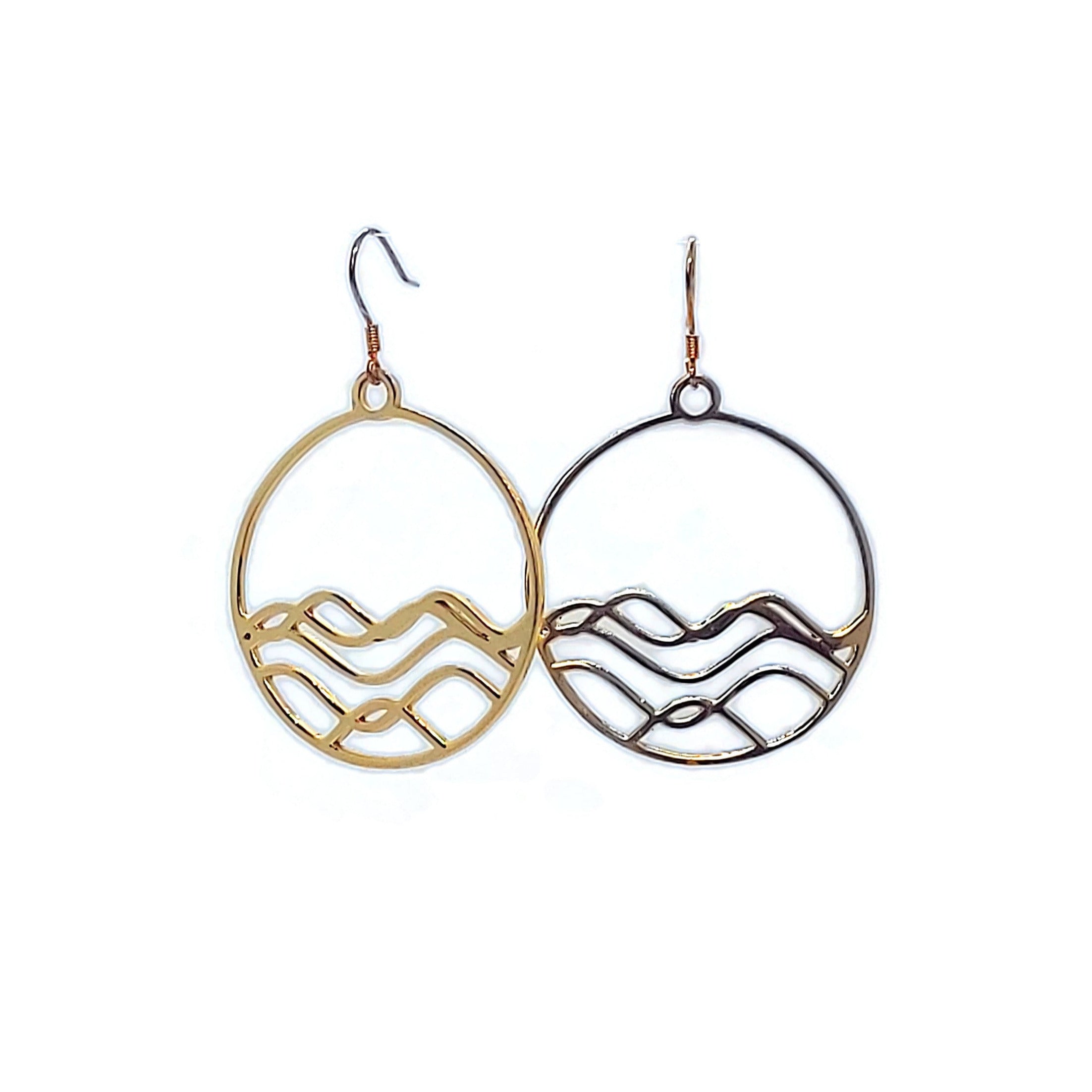 High Tide Ocean Circle Earrings in sterling silver with wave design, showcasing rhodium, rose gold, and yellow gold plating options.