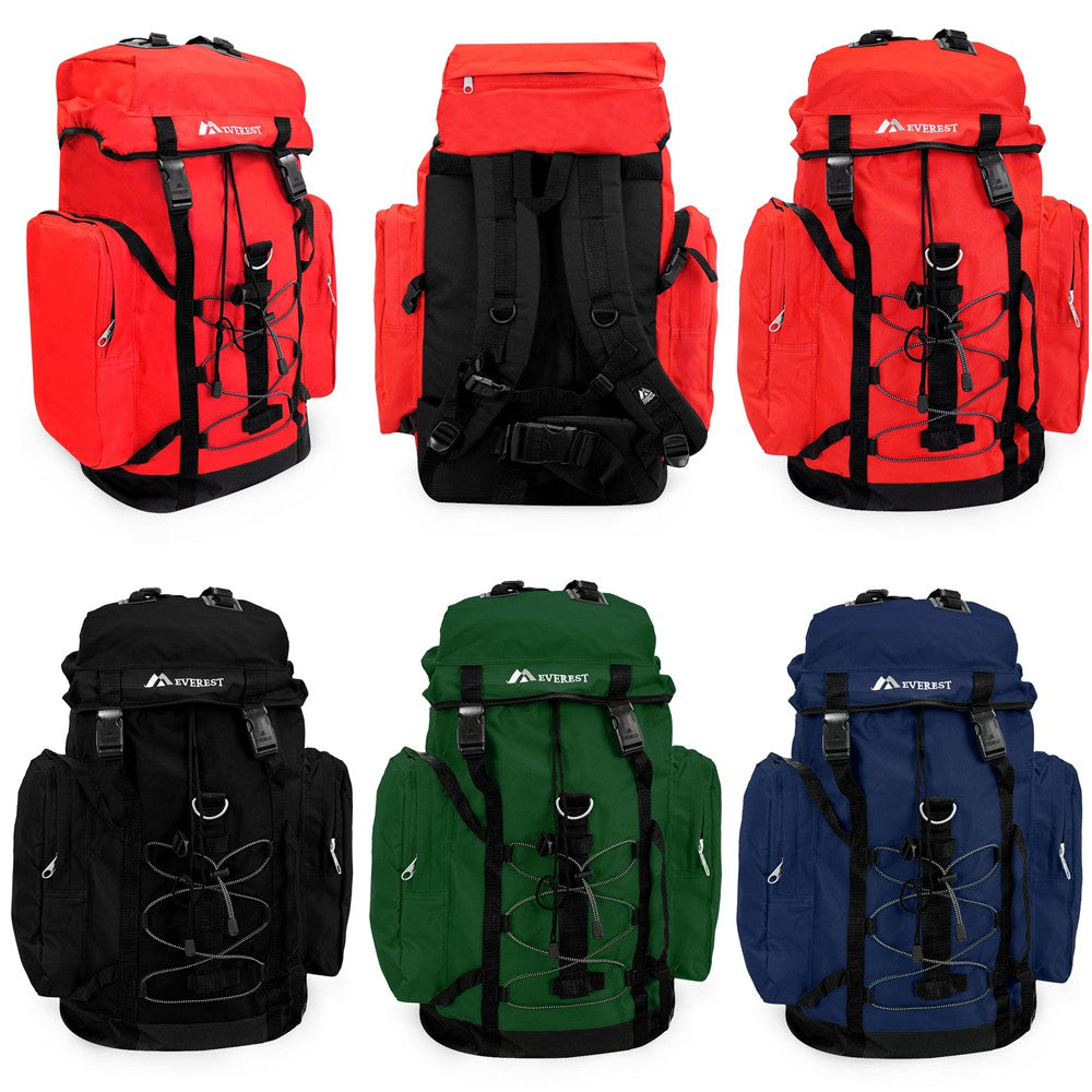 A medium-sized hiking pack featuring a snap buckle main compartment, zippered side pockets, and a ruggedized bottom, ideal for outdoor adventures.