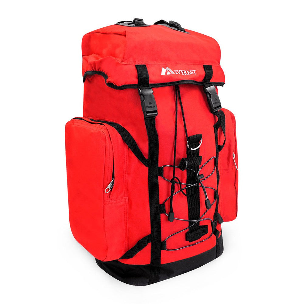 A medium-sized hiking pack featuring a snap buckle main compartment, zippered side pockets, and a ruggedized bottom, ideal for outdoor adventures.