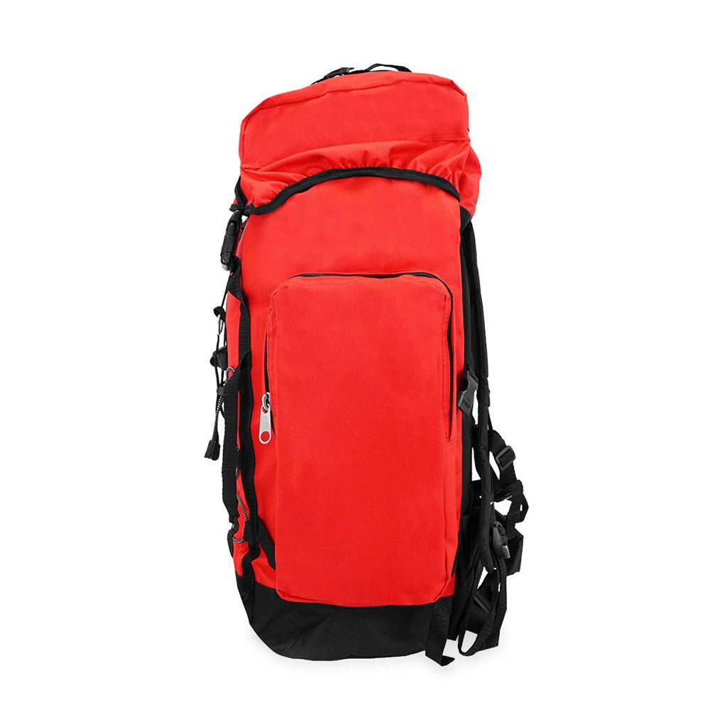 A medium-sized hiking pack featuring a snap buckle main compartment, zippered side pockets, and a ruggedized bottom, ideal for outdoor adventures.
