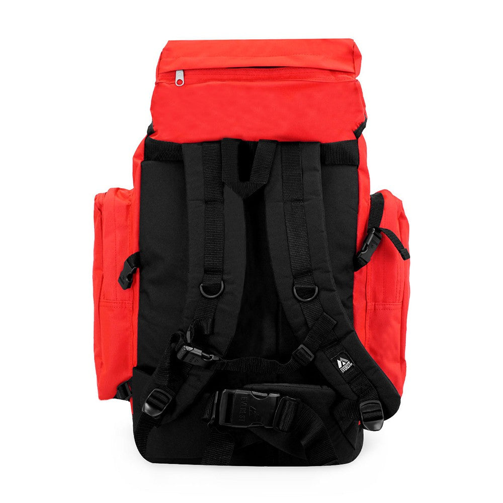A medium-sized hiking pack featuring a snap buckle main compartment, zippered side pockets, and a ruggedized bottom, ideal for outdoor adventures.