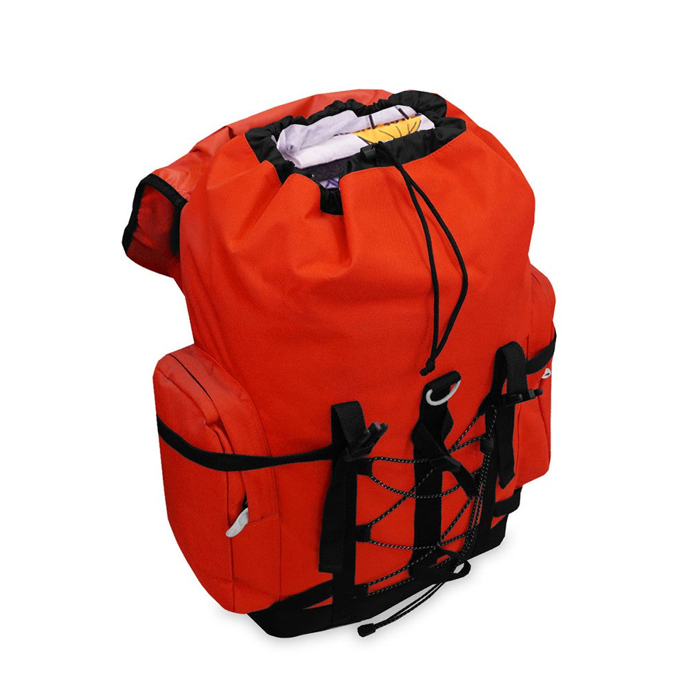 A medium-sized hiking pack featuring a snap buckle main compartment, zippered side pockets, and a ruggedized bottom, ideal for outdoor adventures.