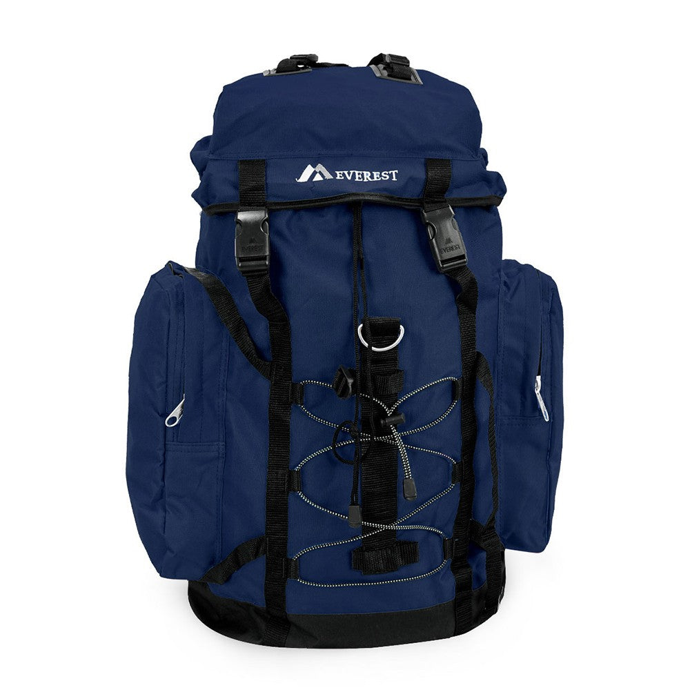 A medium-sized hiking pack featuring a snap buckle main compartment, zippered side pockets, and a ruggedized bottom, ideal for outdoor adventures.