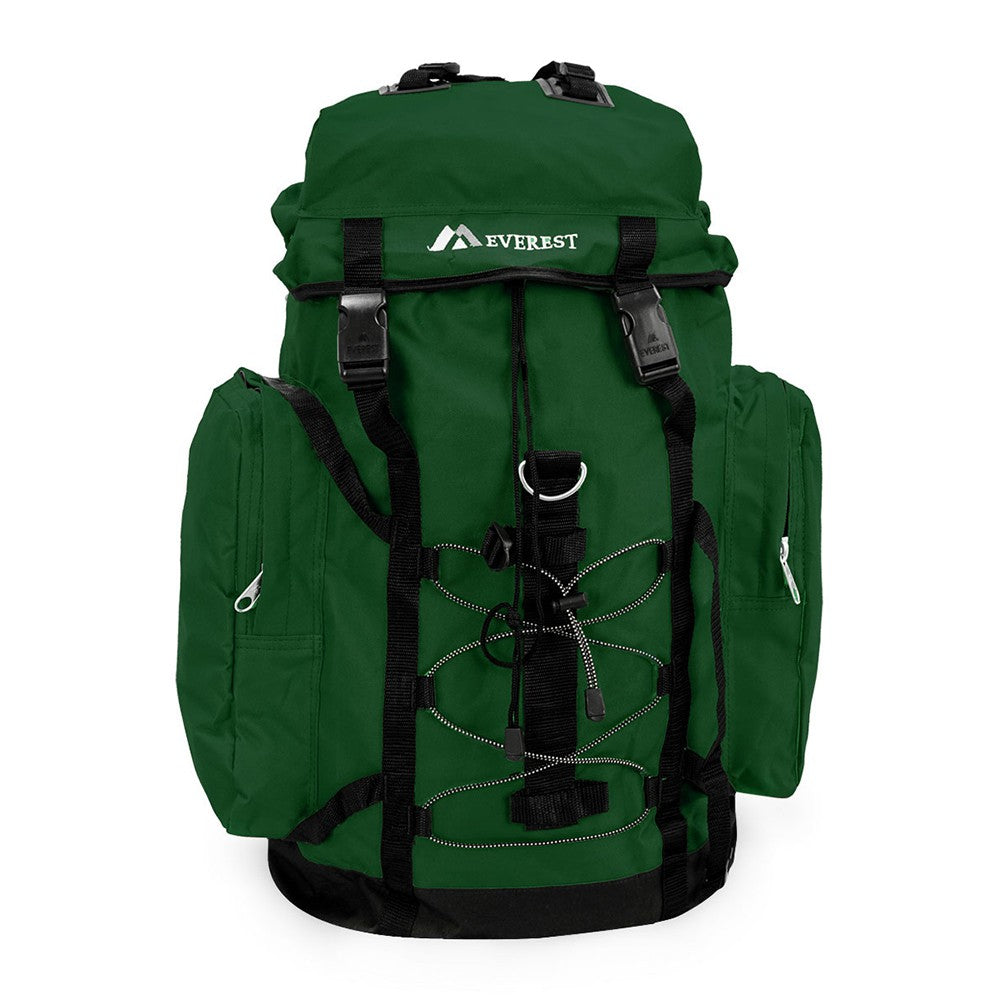 A medium-sized hiking pack featuring a snap buckle main compartment, zippered side pockets, and a ruggedized bottom, ideal for outdoor adventures.