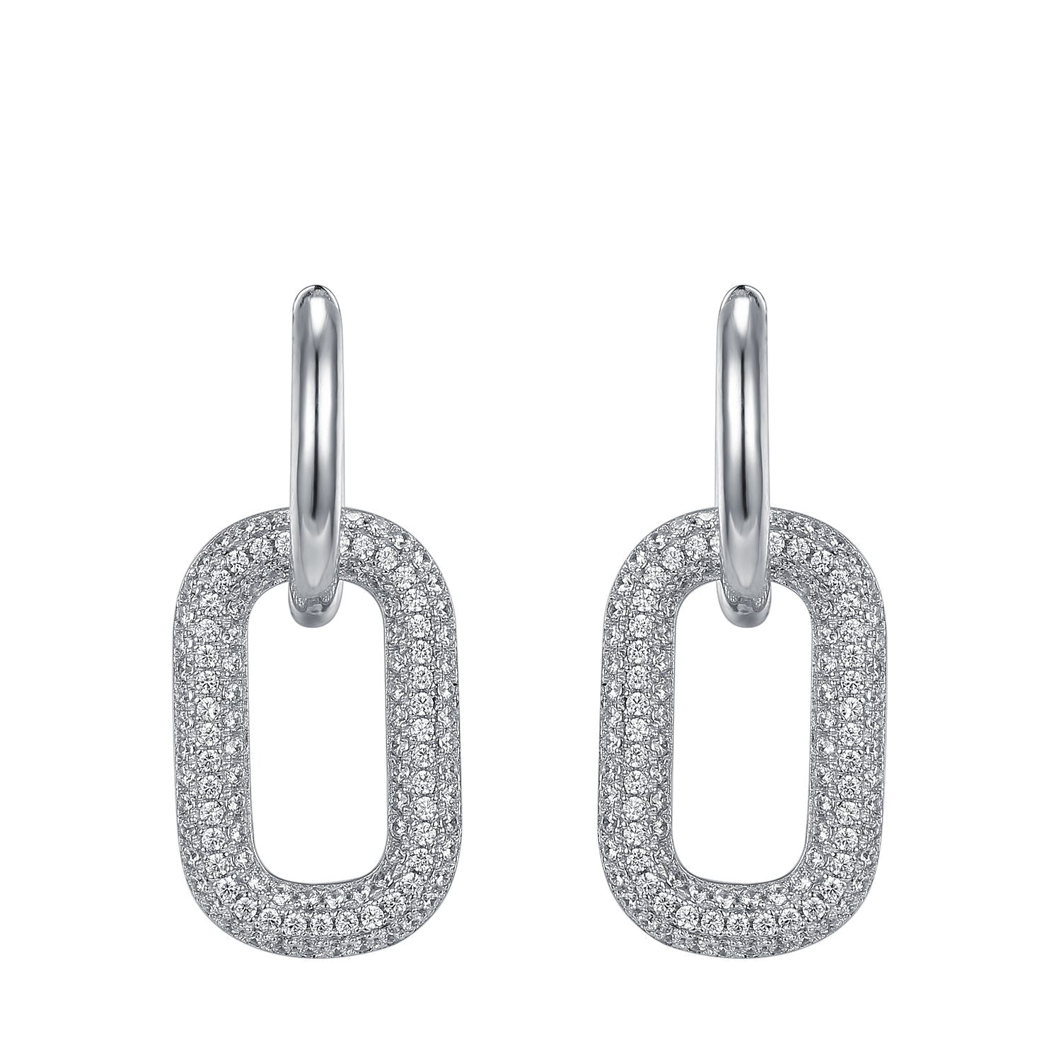 Hip hop Cuban chain link huggie hoop earrings made of 925 sterling silver with a white gold finish and adorned with white sapphire stones.